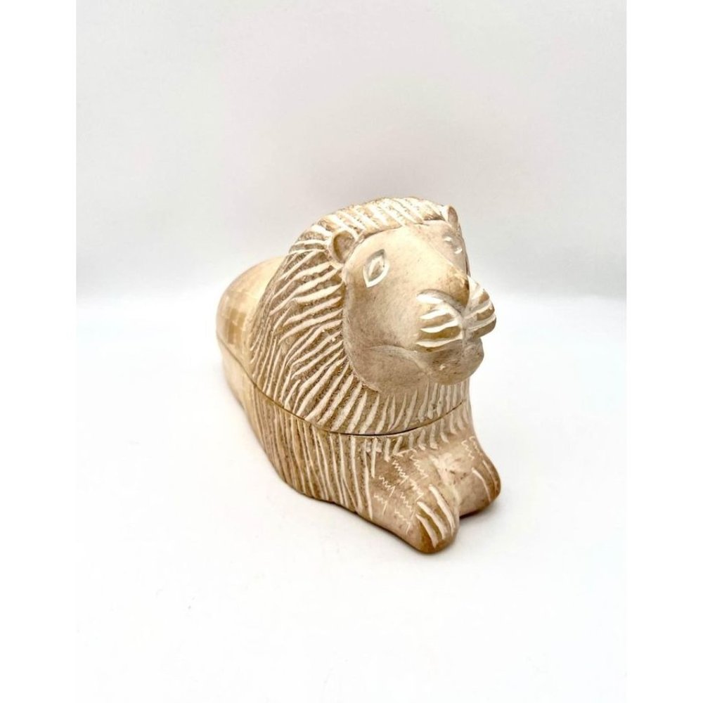 Soapstone Male Lion Trinket Box Hand Carved Kenya